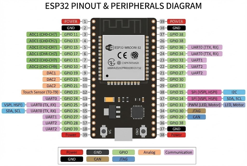 ESP32 pinout diagram showing peripherals