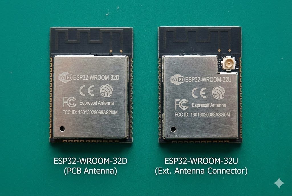Side-by-side comparison of ESP32-WROOM-32D and ESP32-WROOM-32U