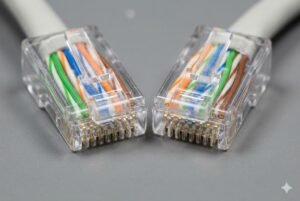 Close-up view of two Ethernet cable connectors with colored wiring visible inside, placed on a gray surface.