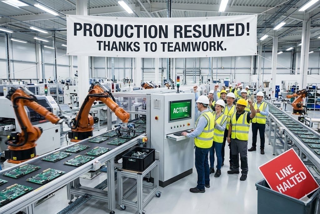 Solving Component Shortages An image of a factory production line that has been saved from a halt