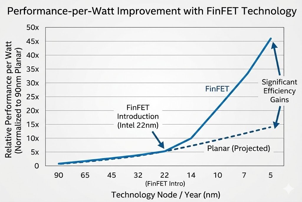 A graph showing performance-per-watt improvement with FinFET technology