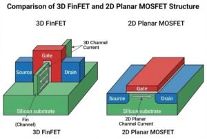 Comparison diagram of 3D FinFET and 2D Planar MOSFET showing key structural differences including gate, source, and drain.