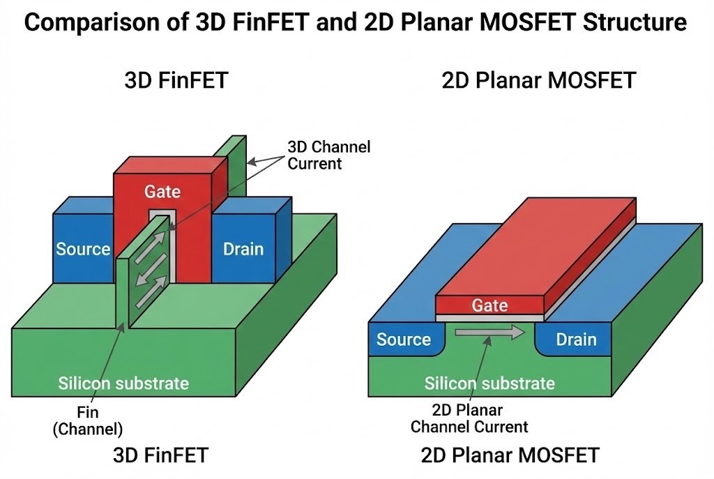 A diagram comparing the 3D structure of a FinFET with the 2D planar structure of a MOSFET