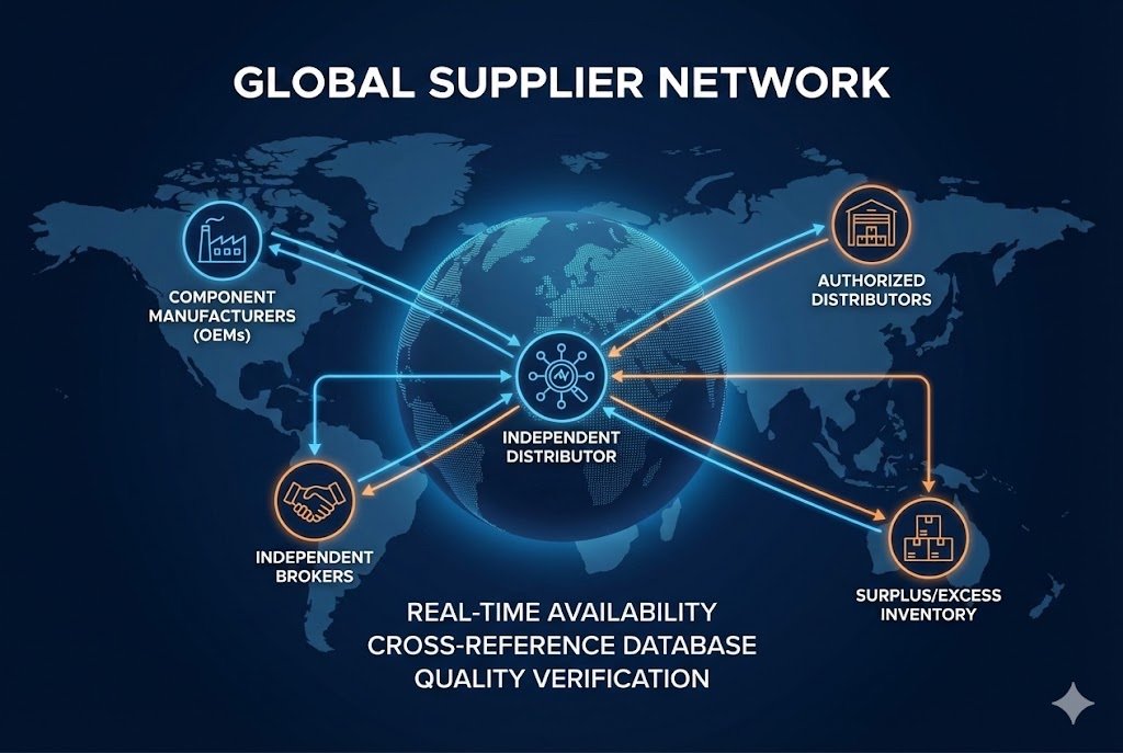 Independent Distributor Global Network A graphic showing a global network of suppliers for an independent distributor