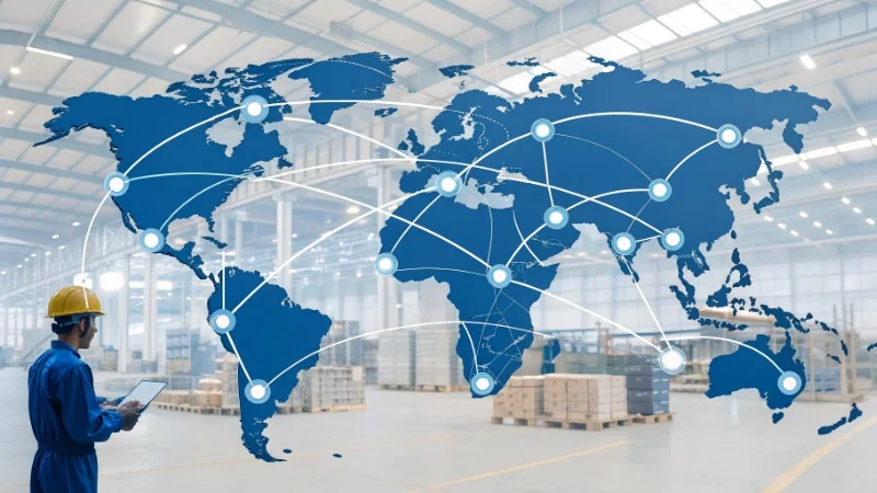 A world map with interconnected dots representing a global supply chain network.