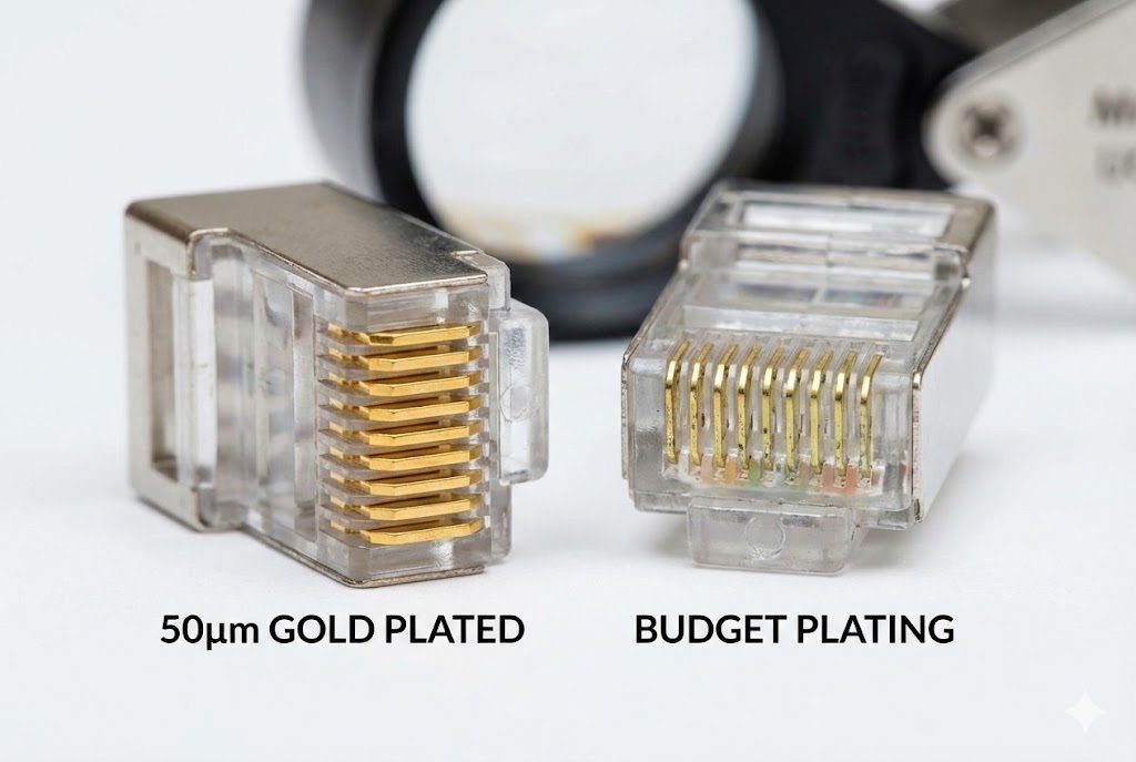 A macro shot comparing a high-quality 50-micron gold plated RJ45 connector to a cheap one