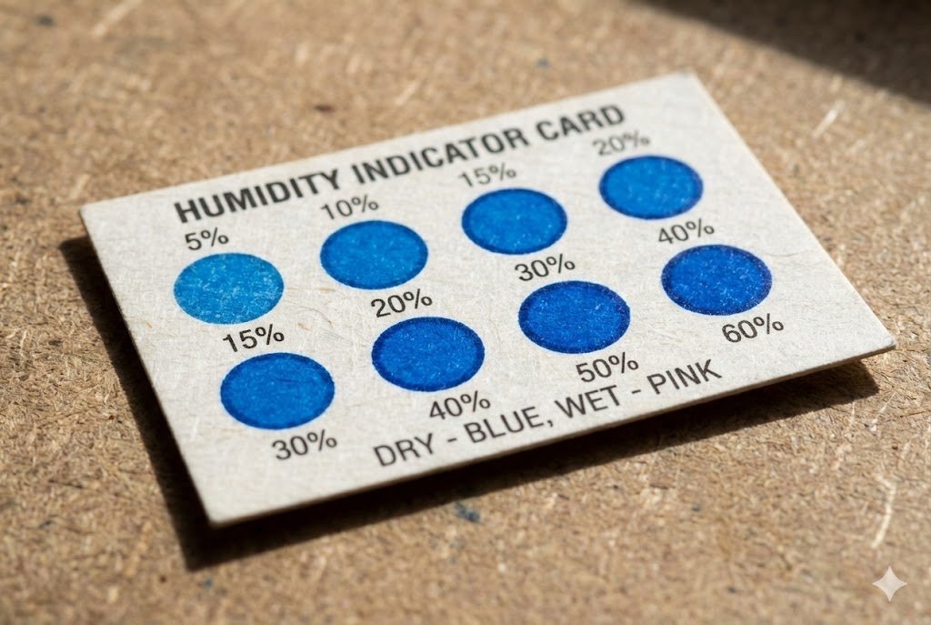 A close-up of a Humidity Indicator Card showing all dots are blue (dry)