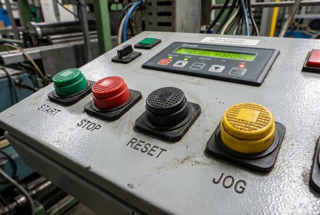 An industrial control panel featuring several tactile switches