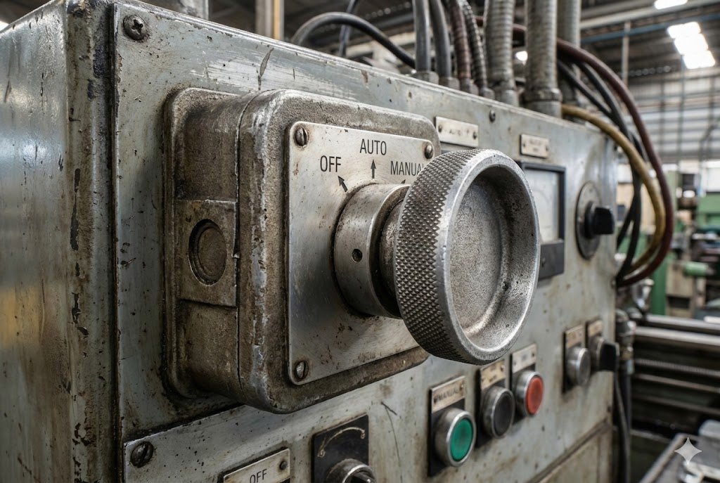 A heavy-duty industrial rotary switch on a machine control panel