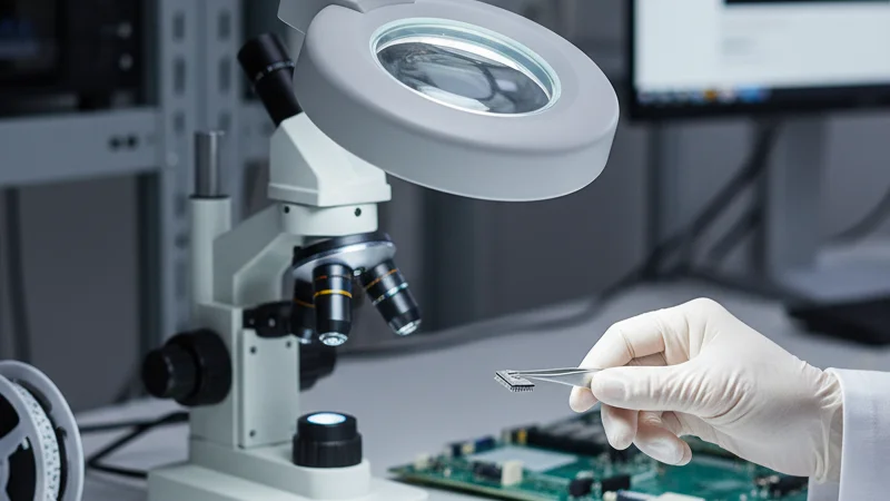 Research lab bench with microscope, documents, integrated circuits, and a gloved hand using precision tools, indicative of an engineering environment.