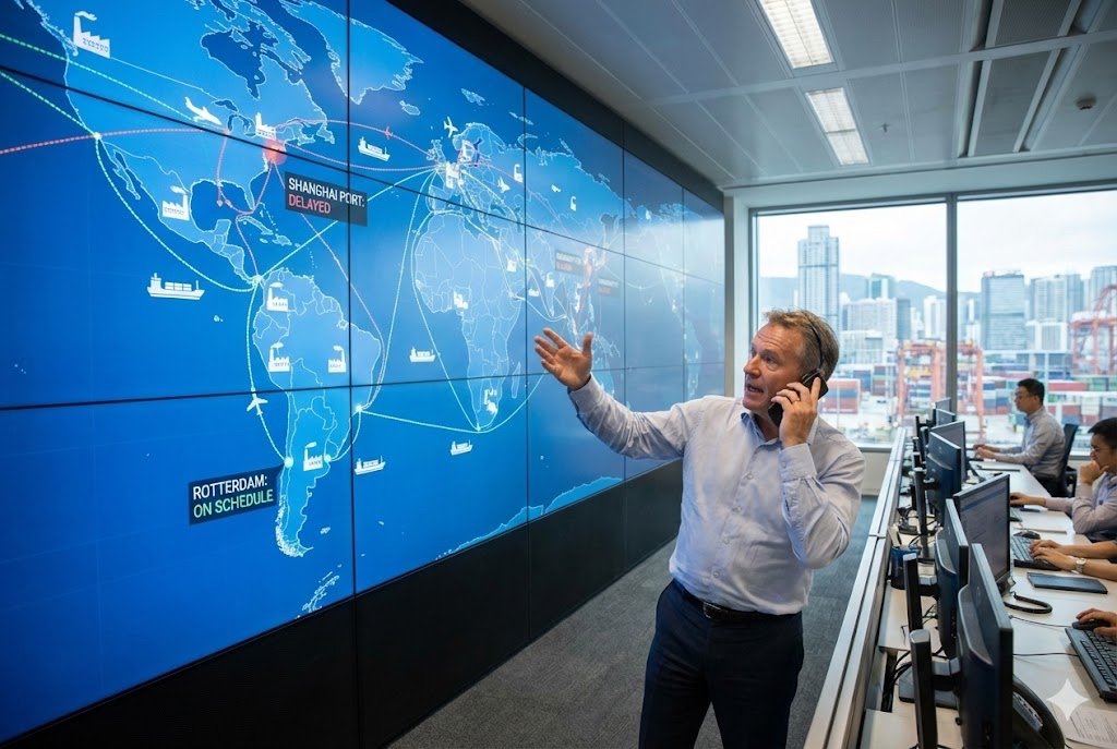 Global Component Sourcing Partner alt text: A person on the phone managing a global supply chain map