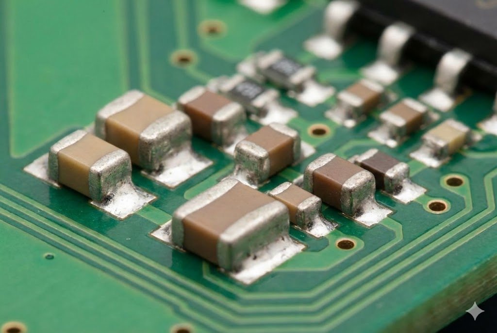 Ceramic Capacitors for High Frequency alt text: Close-up of small MLCC ceramic capacitors on a PCB