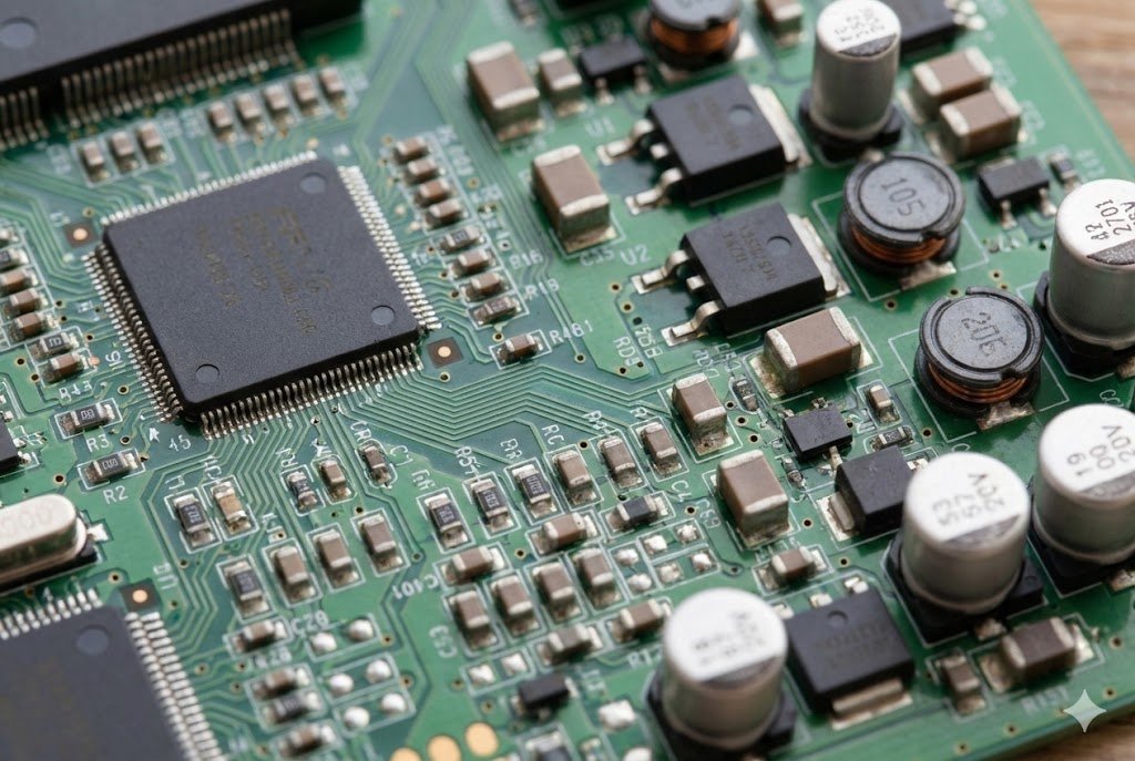 A close-up of a circuit board showing both active and passive components