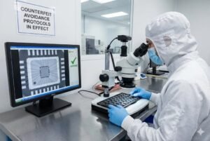 Technician examining microchip under a microscope with counterfeit avoidance protocols in a laboratory.