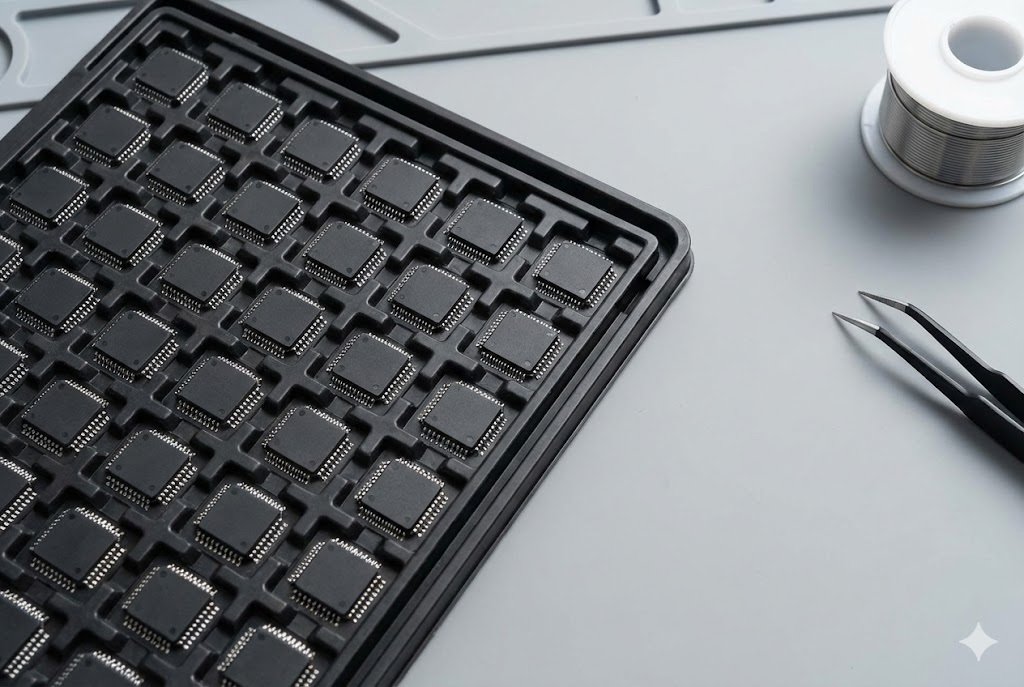 A tray of microcontrollers ready for assembly