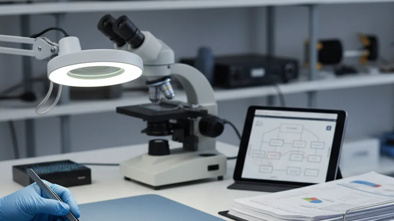 Image of a circuit board with electronic chips on a lab desk with testing equipment in the background.