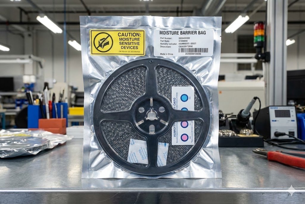 A vacuum-sealed Moisture Barrier Bag containing electronic components on a reel