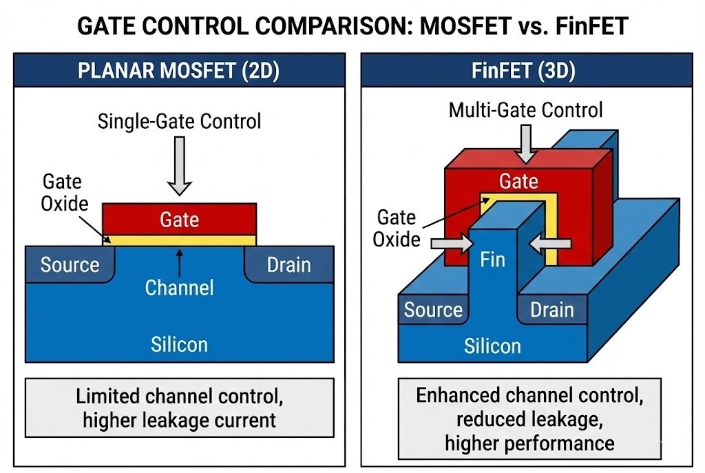 An illustration showing the gate control in a FinFET versus a MOSFET