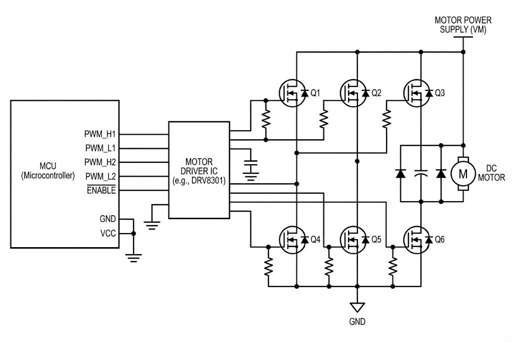 BLDC Motor Driver Components Circuit diagram showing MCU, Motor Driver IC, and MOSFETs