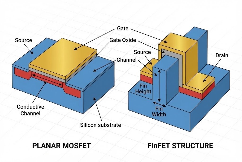 A 3D diagram comparing a planar MOSFET to a FinFET structure