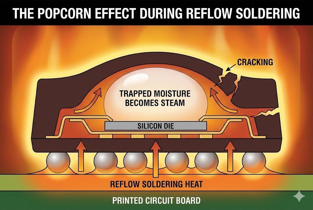 An illustration showing the 'popcorn effect' inside an IC during reflow soldering