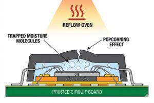 Diagram illustrating the popcorning effect in a printed circuit board due to trapped moisture and reflow oven heating.