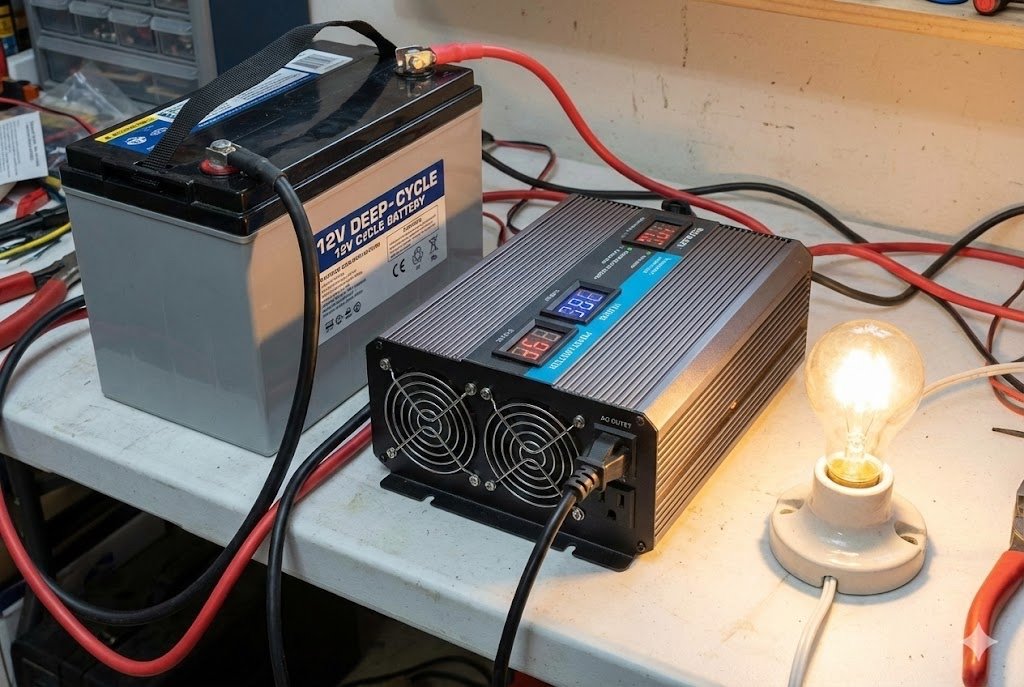 A power inverter connected to a battery, powering an AC light bulb.