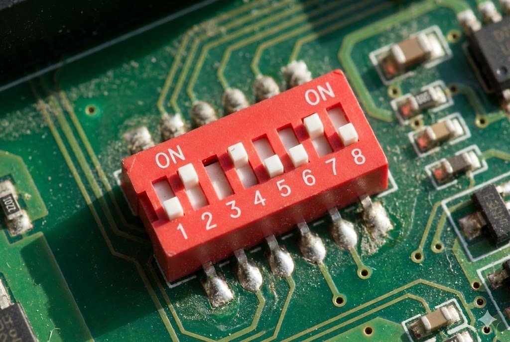 Close-up of an industrial DIP switch on a circuit board