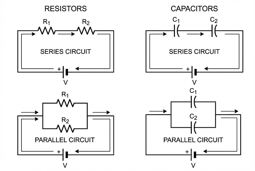 A diagram showing series and parallel circuits for resistors and capacitors