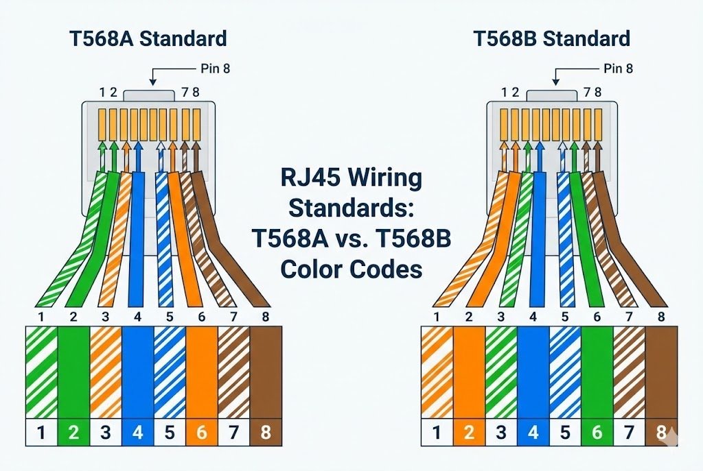 An infographic showing the color codes for T568A and T568B