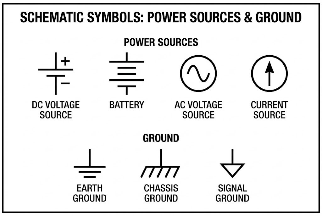 Power and Ground Symbols Schematic symbols for power sources and ground