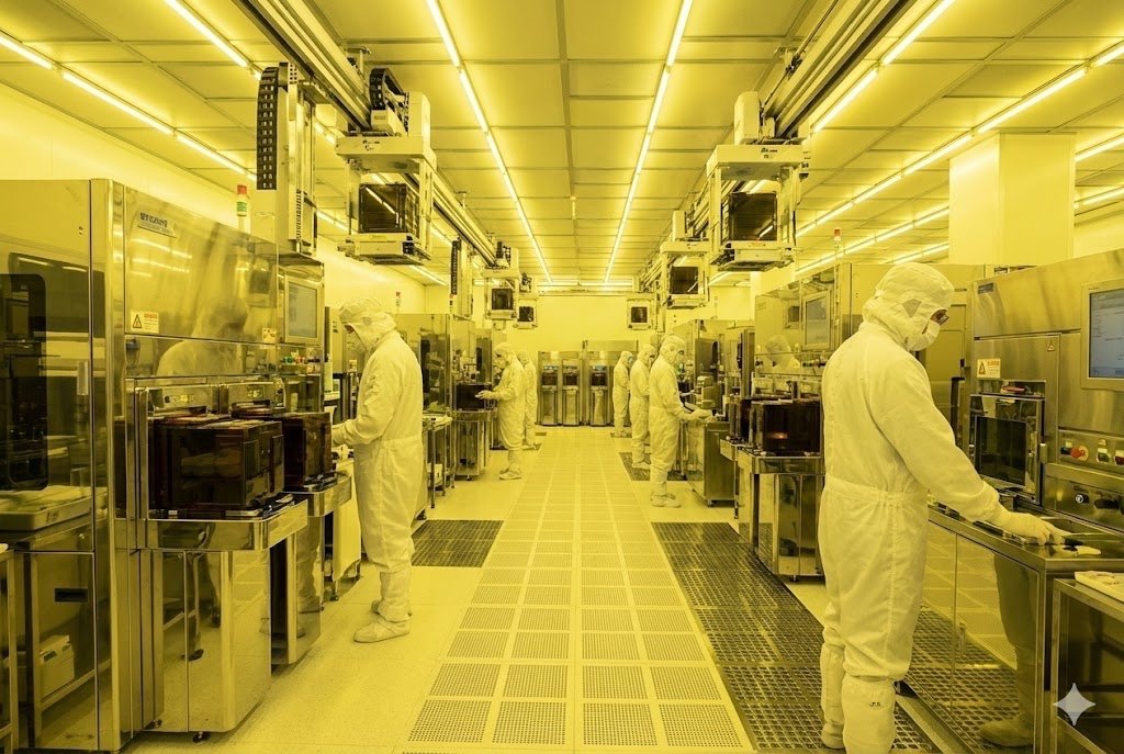 A picture of a semiconductor foundry cleanroom