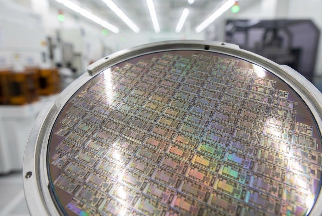 A wafer of silicon chips showcasing the complexity of modern processors