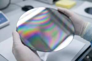 Close-up of hands in gloves holding a silicon wafer with a rainbow reflection in a lab setting.
