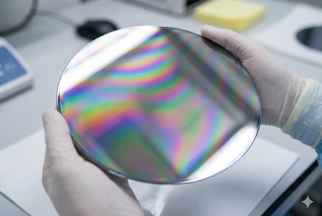 A close-up of a silicon wafer reflecting rainbow colors, representing the base material of all electronics.