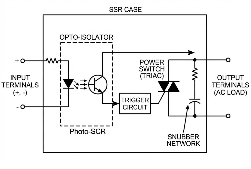 How a Solid State Relay Works Diagram showing the internal parts of a solid state relay with opto-isolator