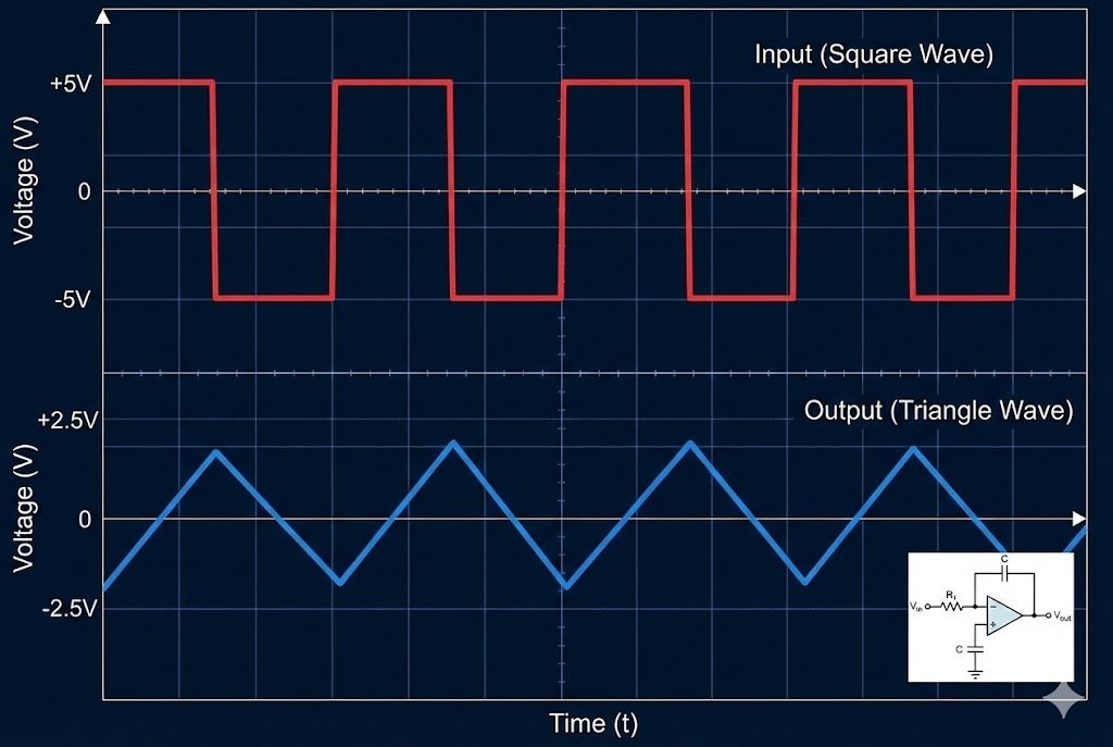Integrator Waveform Generation A square wave input and a triangle wave output from an integrator