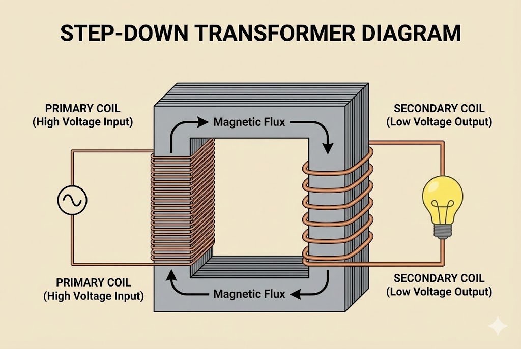An illustration of a step-down transformer with primary and secondary coils.