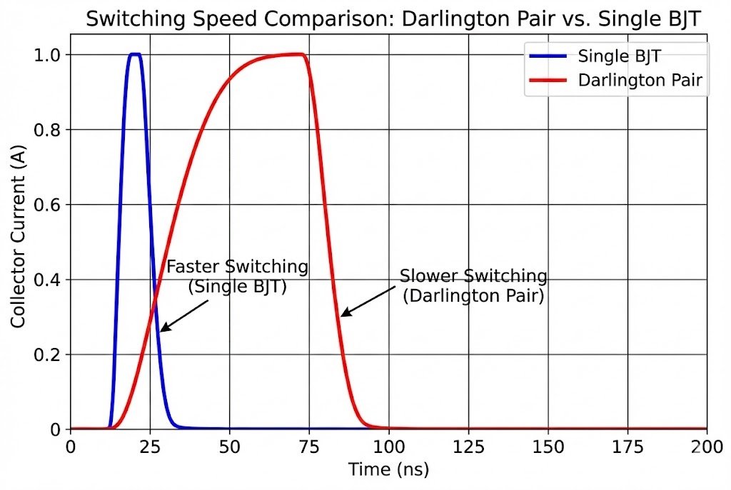 Darlington Pair vs Single BJT Switching Speed A graph comparing the switching speed of a Darlington Pair to a single BJT