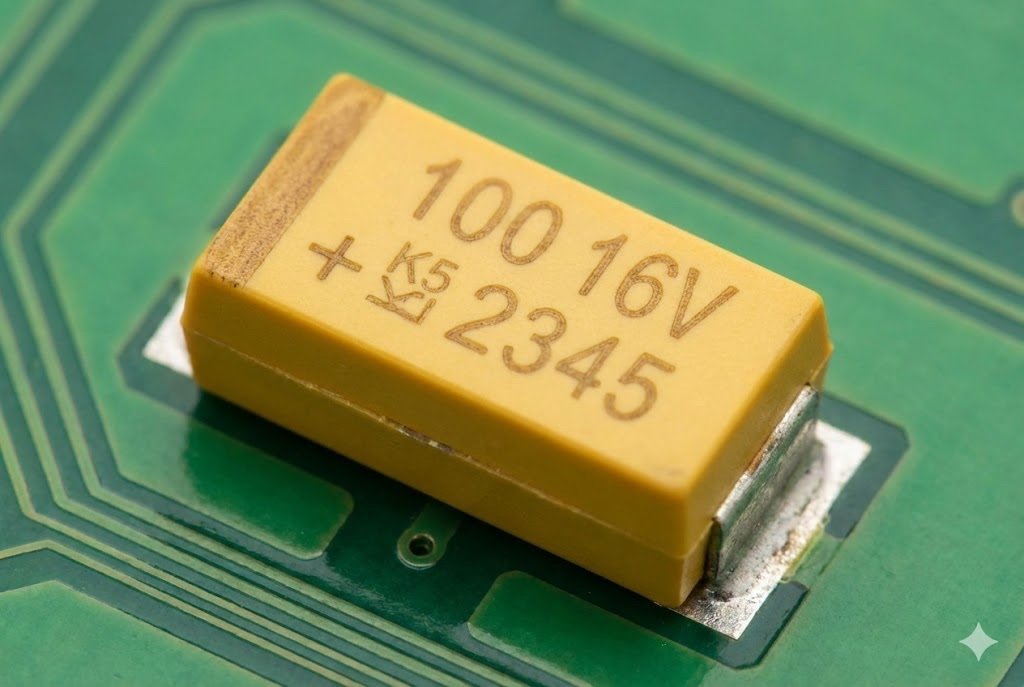Tantalum Capacitor Shortage alt text: A single tantalum capacitor with markings visible