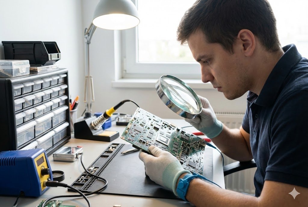 A person inspecting electronic components with a magnifying glass