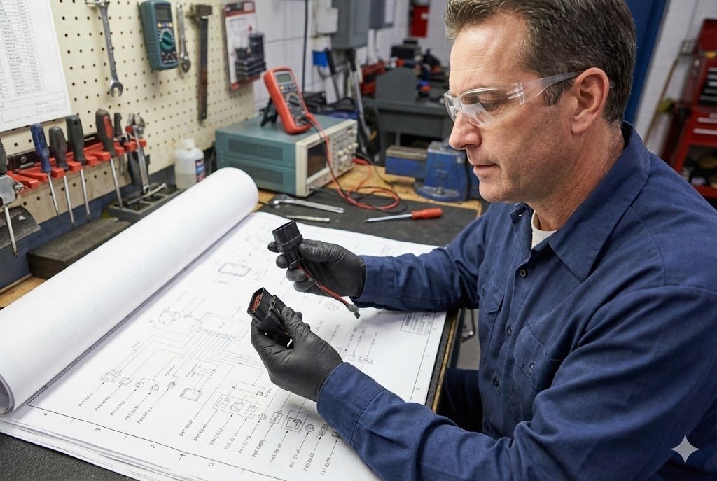 An engineer comparing two different automotive electrical connectors against a design schematic