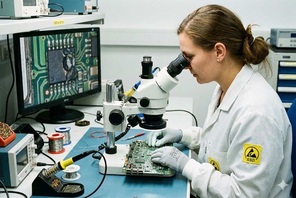 Electronic Component Quality Inspection A technician inspecting electronic components with a microscope