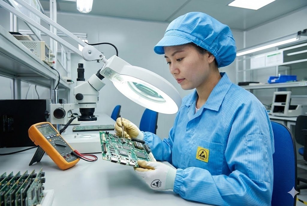 A quality control engineer inspecting an electronic component