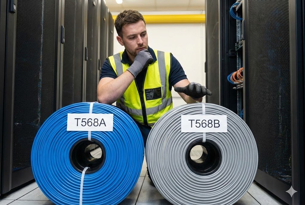 A network technician choosing between two rolls of cable labeled T568A and T568B