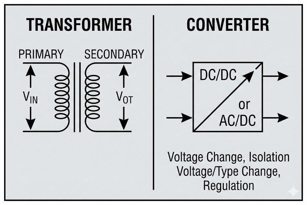 Transformer vs. Converter Basic Symbols A simple diagram comparing a transformer and a converter symbol