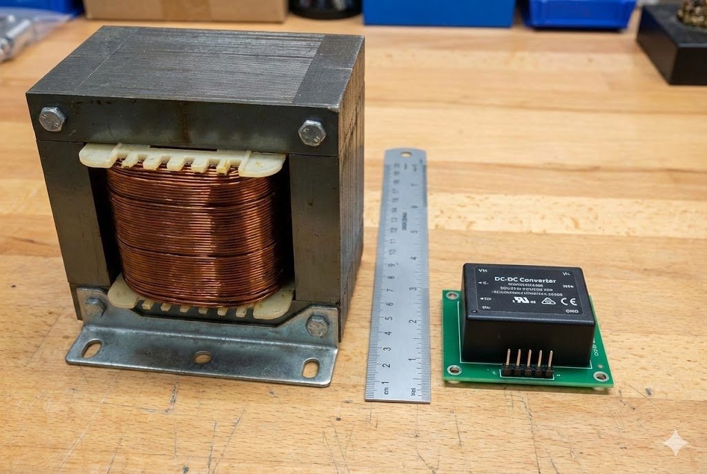 Transformer vs Converter Size Comparison A side-by-side comparison of a bulky transformer and a compact converter module
