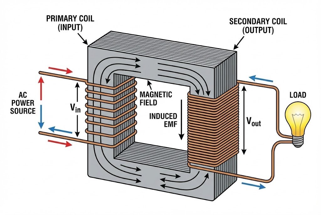 How a Transformer Works An illustration showing how a transformer works with primary and secondary coils