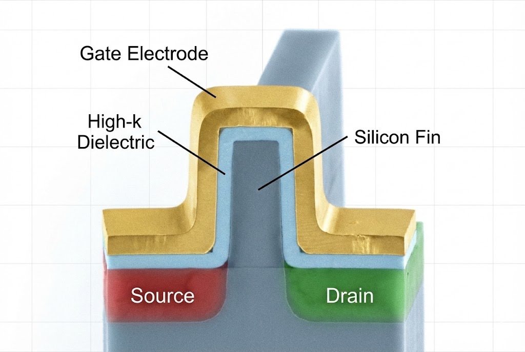 Close-up of a FinFET's gate wrapping around the silicon fin