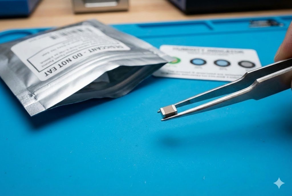An electronic component being handled with tweezers, with a moisture barrier bag in the background